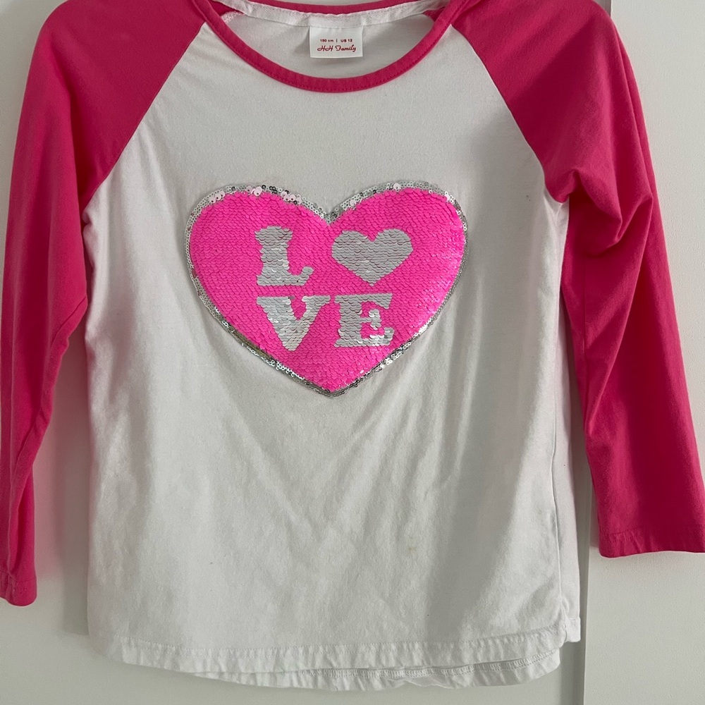 Kids 3/4 Sleeve Love Heart Tee - Pink & White size 12